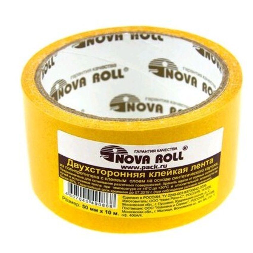 Лента клейкая  2-х сторонняя   50* 10м  полипропилен  NOVAROLL   0104-2800
