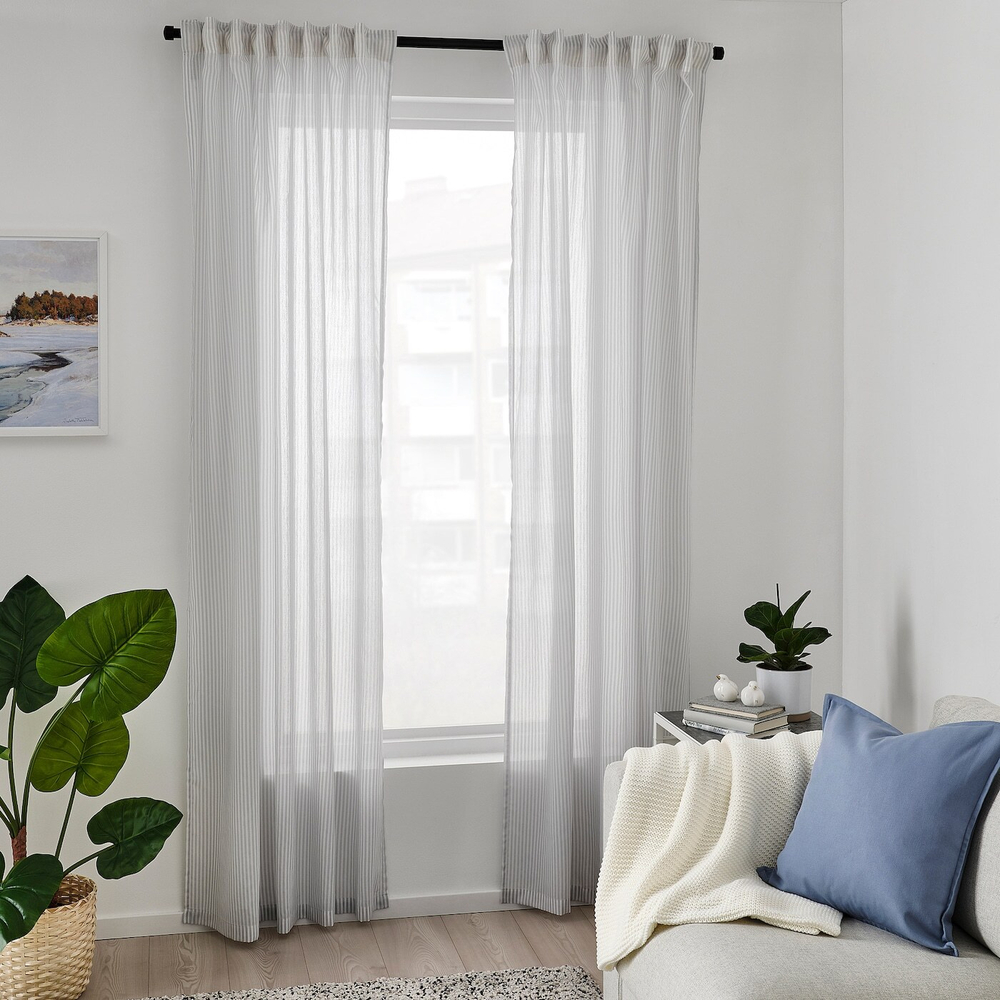 IKEA BYMOTT  (ИКЕА БЙМОТТ)  -  Штора, 2 шт, на ленте/белый/светло-серый в полоску, 120x300 см