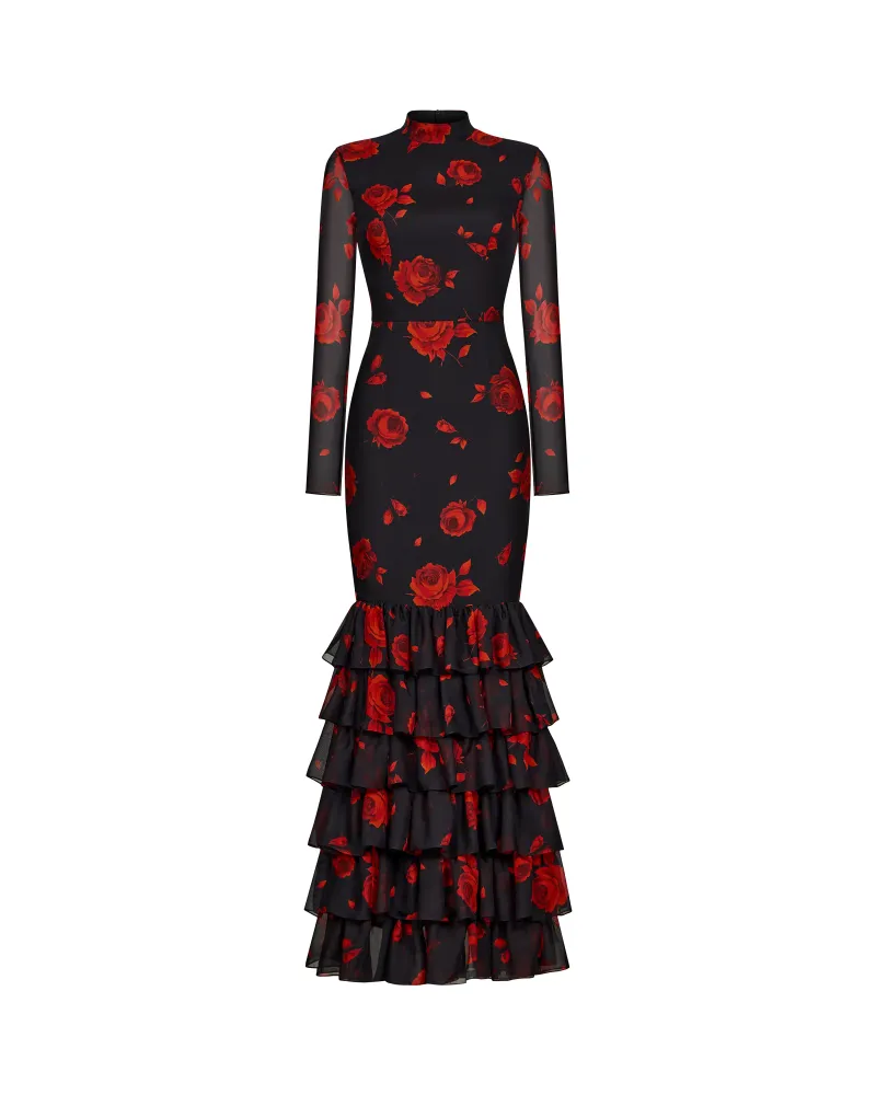 Рула макси (Rula maxi), платье макси из черного шифона с цветочным принтом