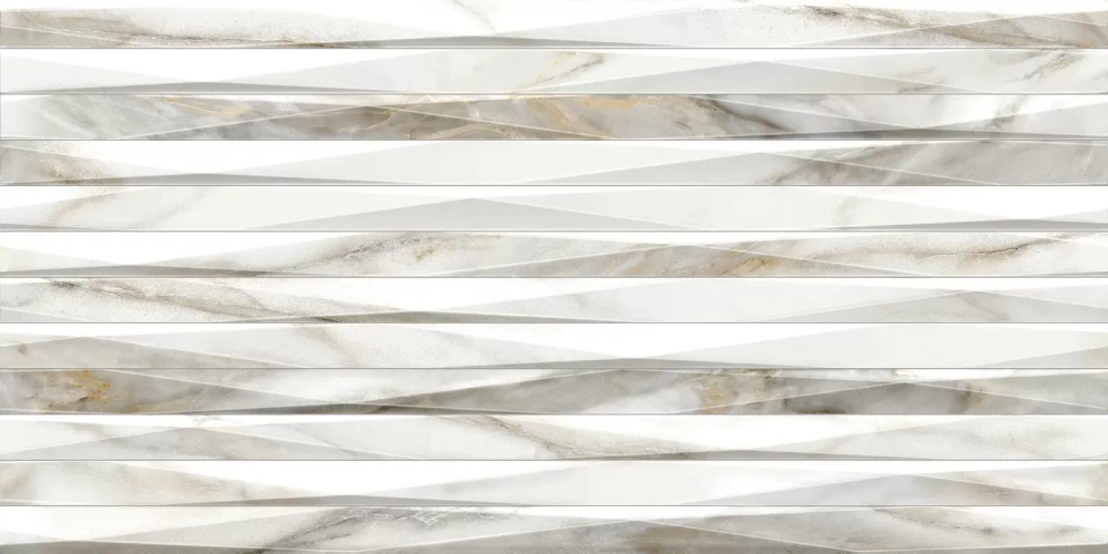 Настенная плитка Alma Ceramica TWU2550EPH24 Euphoria 24.9x50 белая / серая глянцевая / рельефная под мрамор / полосы