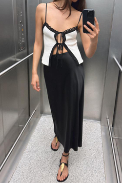 ZARA АТЛАСНАЯ ЮБКА МИДИ, ЧЕРНЫЙ