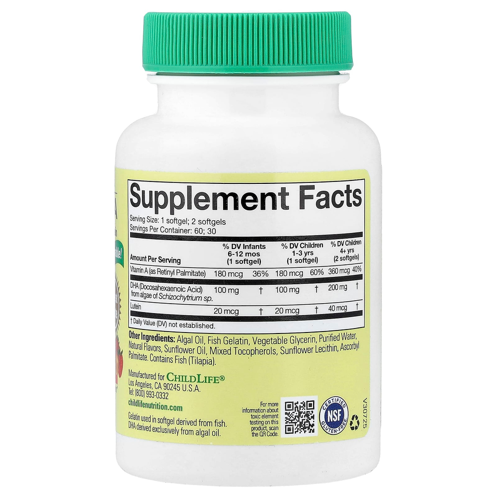 ChildLife Essentials, ДГК из водорослей с витамином А и лютеином, натуральные ягоды, 60 мягких таблеток