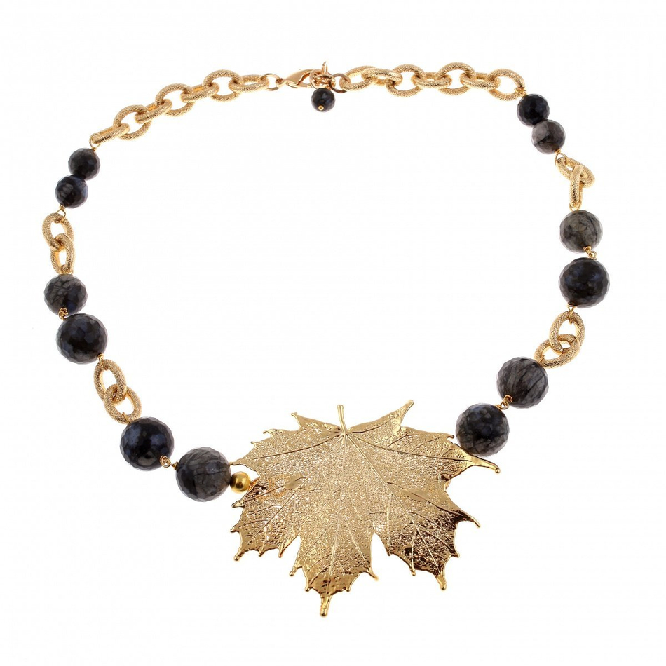 Колье лист Ester Bijoux Gray Jasper and Gold Metal CL1054-G/BW BR