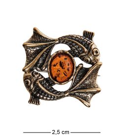 AM-2589 Брошь «Знак зодиака-Рыбы» (латунь, янтарь)