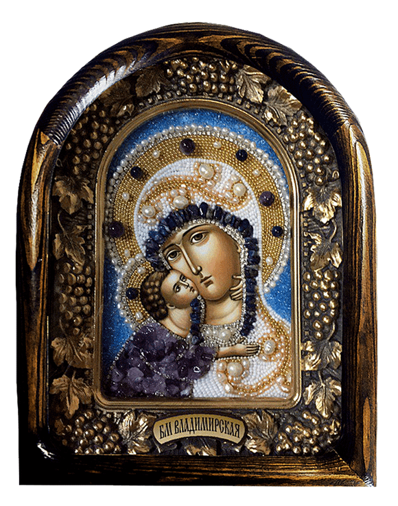 Дивеевская икона Пресвятой Богородицы Владимирская, бисер, аметист, жемчуг