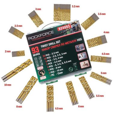 Набор сверел по металлу,93пр.(3.2-20шт,2,2.5,3-по10шт,3.5,4-по 8 шт,4.5-5шт,5,5.5,6,6.5-по 4шт,8-3шт,10-2шт)в кейсе RockForce RF-924U93