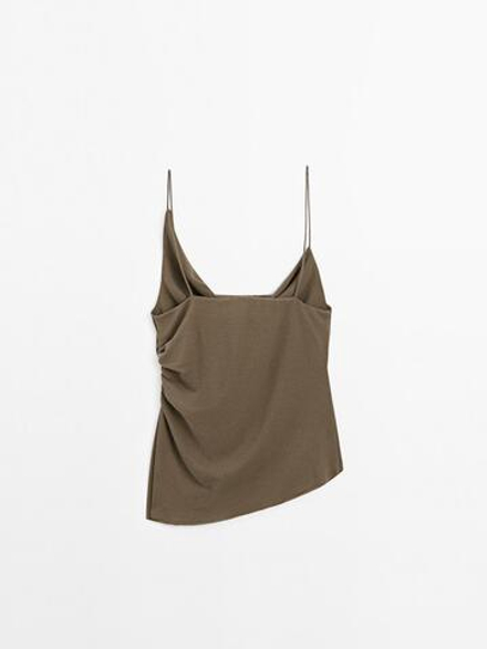 Massimo Dutti Топ из 100% хлопка с асимметричным вырезом, светлый хаки