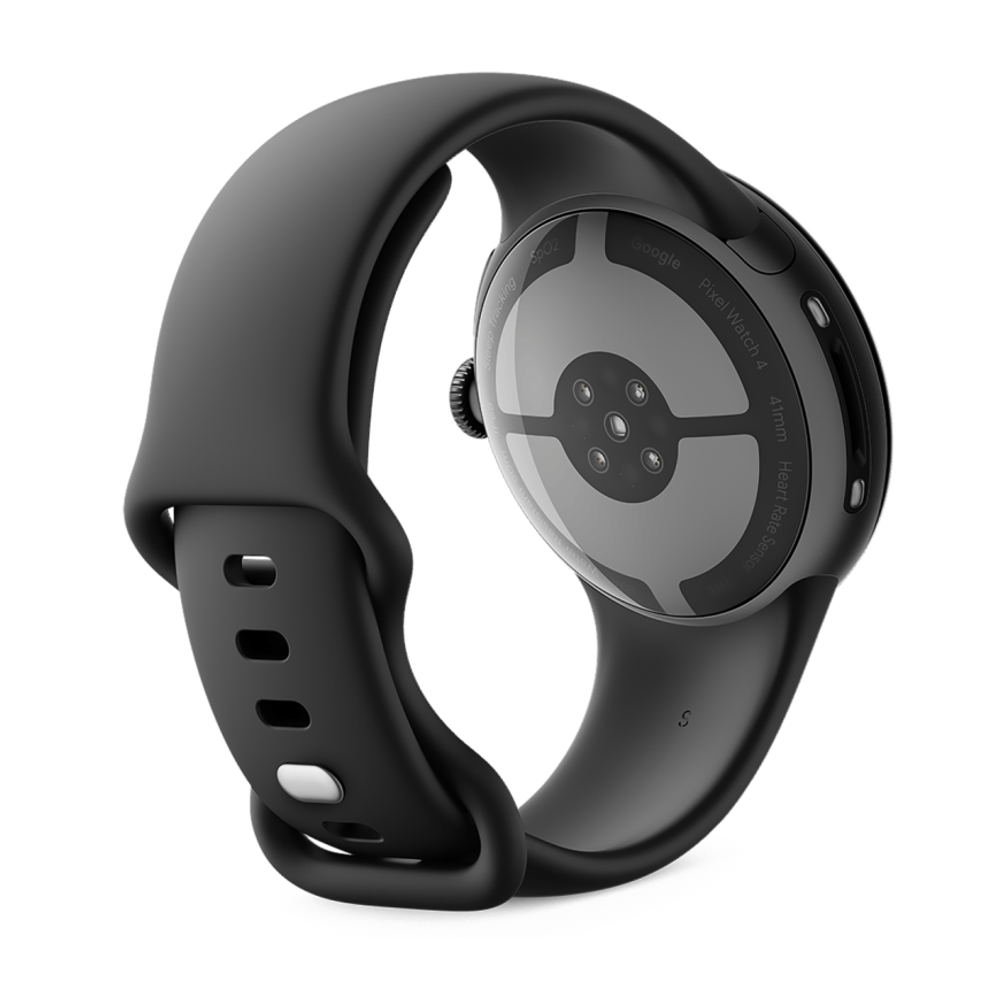 Умные часы Google Pixel Watch 4, 41 мм, Wi-Fi + LTE, ремешок цвета «чёрный обсидиан» Матовый чёрный корпус из переработанного алюминия, ремешок из фторэластомера с покрытием «софт-тач» и застёжкой pin-and-tuck — на запястье обхватом 130–210 мм