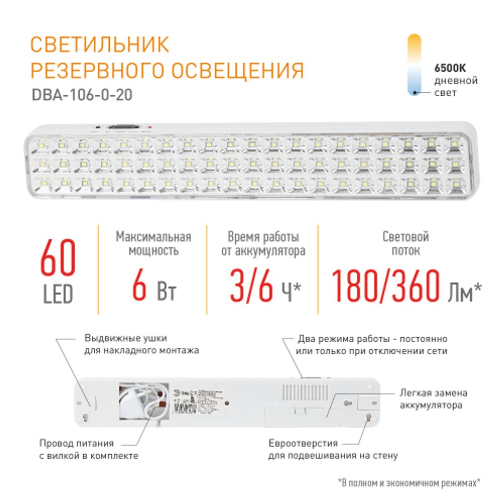 Аварийный светильник светодиодный ЭРА DBA-106-0-20 постоянный/непостоянный 60LED 3ч IP20 | Светильники аварийные