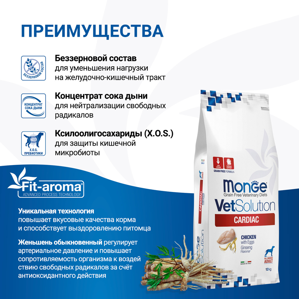 Корм для собак диетический Monge VetSolution Dog Cardiac Кардиак при заболеваниях сердца 12 кг