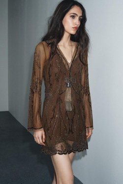 ZARA ВЫШИТОЕ ПЛАТЬЕ ZW COLLECTION LIMITED EDITION, КОРИЧНЕВЫЙ