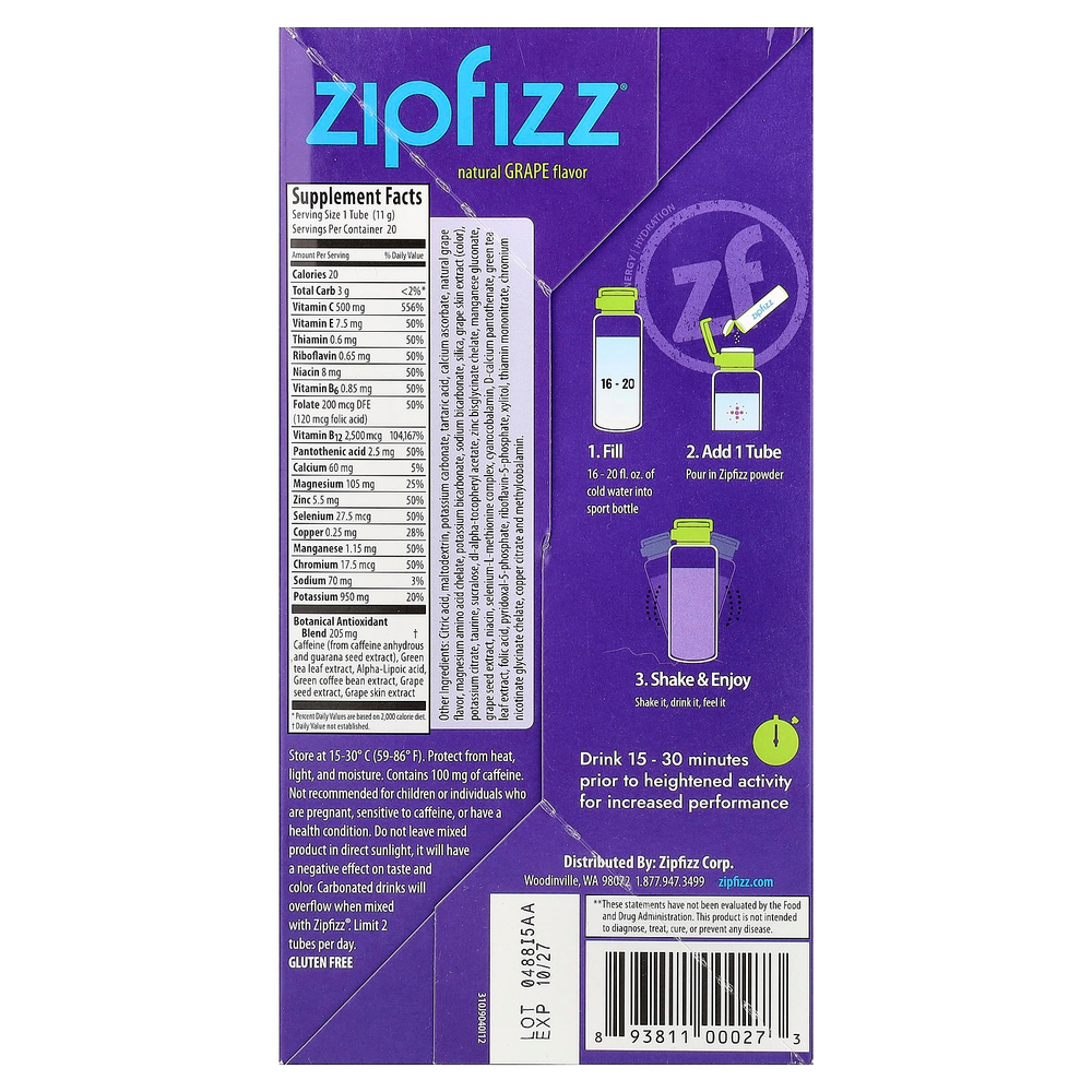 Zipfizz, Смесь для энергетических напитков, виноград, 20 тюбиков, 11 г (0,39 унции)