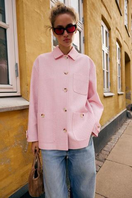 ZARA КУРТКА В КЛЕТКУ ВИШИ, РОЗОВЫЙ/БЕЛЫЙ