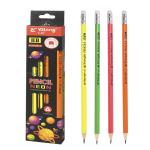 Набор ч/г карандашей, Yalong HB, "Планеты", дерево, с ластиком, трехгранный, заточенный, неон, ассорти, 12 шт/уп, европодвес