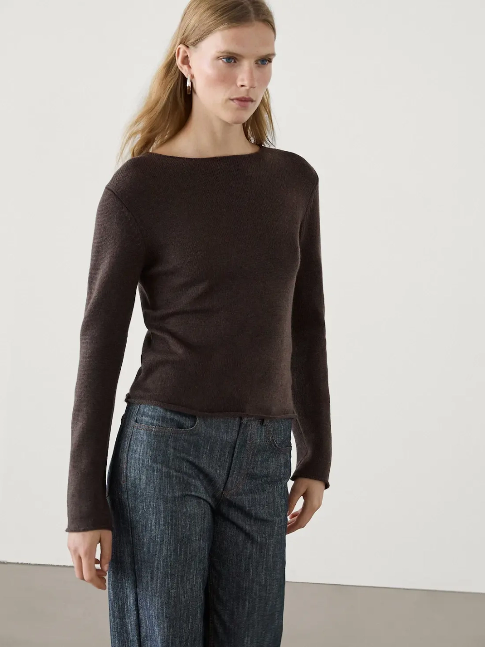 Massimo Dutti Свитер из тонкой шерсти с окантовкой, коричневый