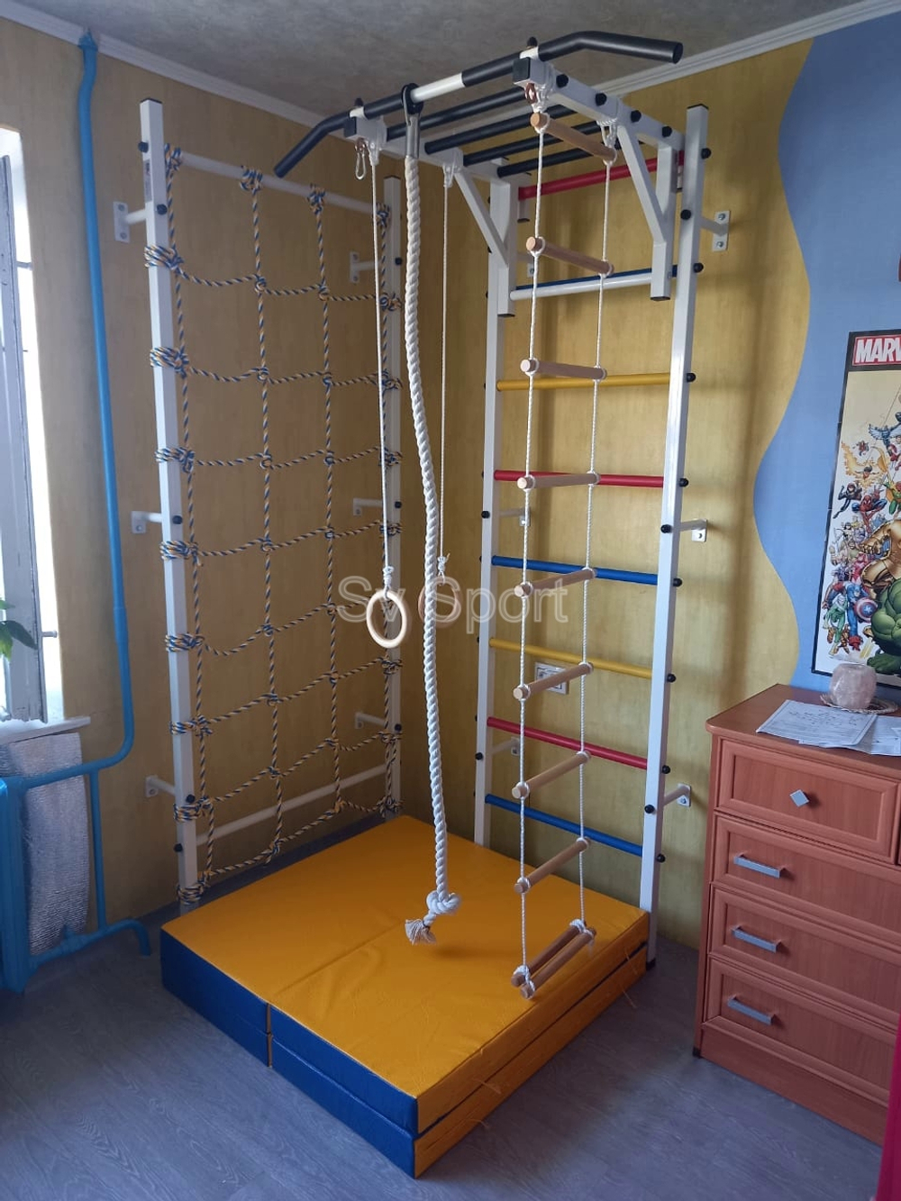 Монтаж шведской стенки Sv Sport с канатным лазом в пеноблочные, газоблочные стены