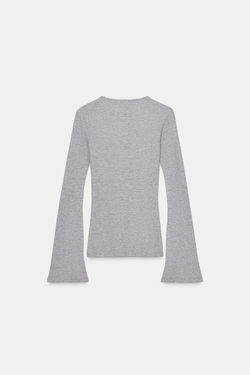 ZARA ФУТБОЛКА В РУБЧИК С РАСКЛЕШЕННЫМИ РУКАВАМИ, СЕРЫЙ МЕЛАНЖ