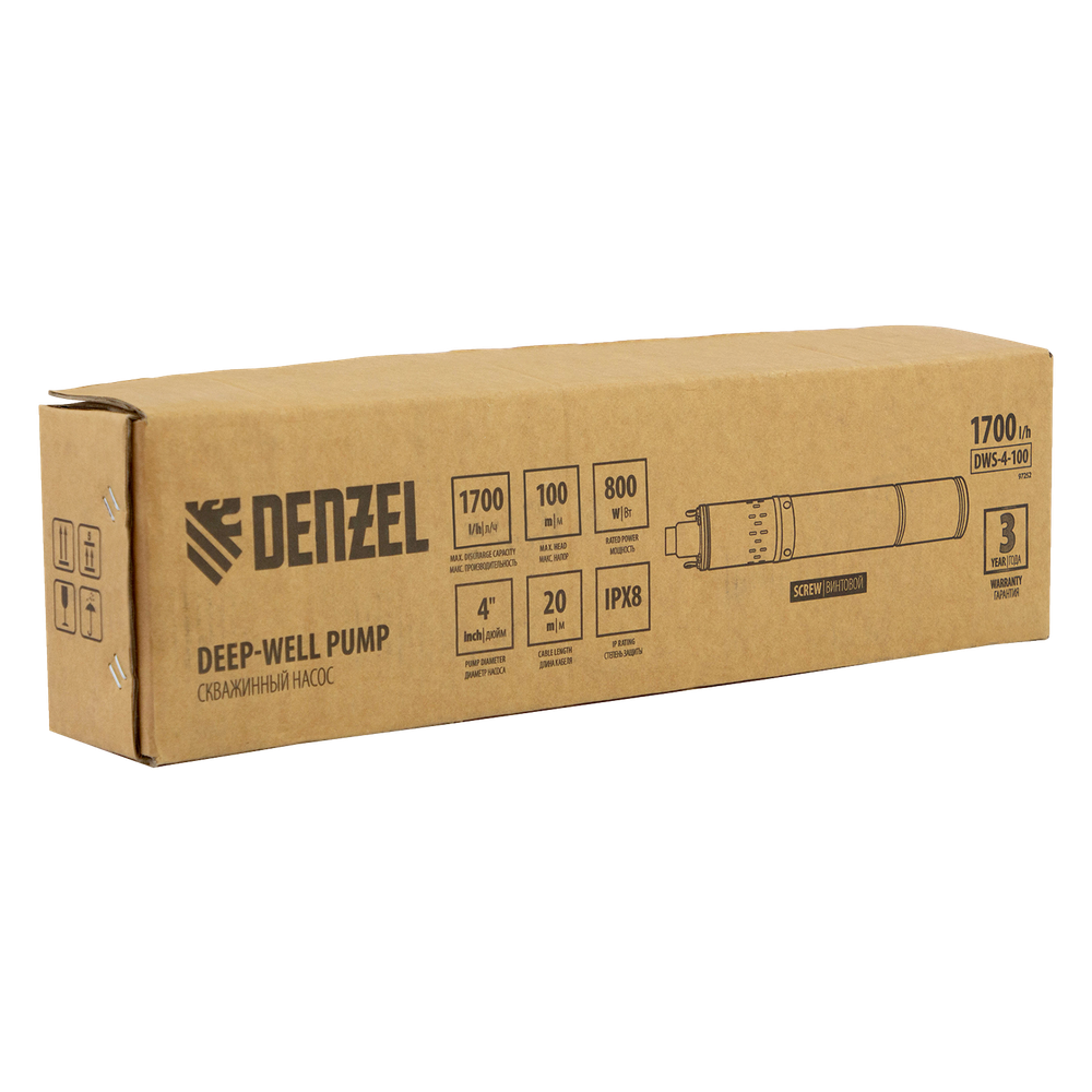 Скважинный насос Denzel DWS-4-100 97252 (800 Вт, 1700 л/ч, подъем 100 м)
