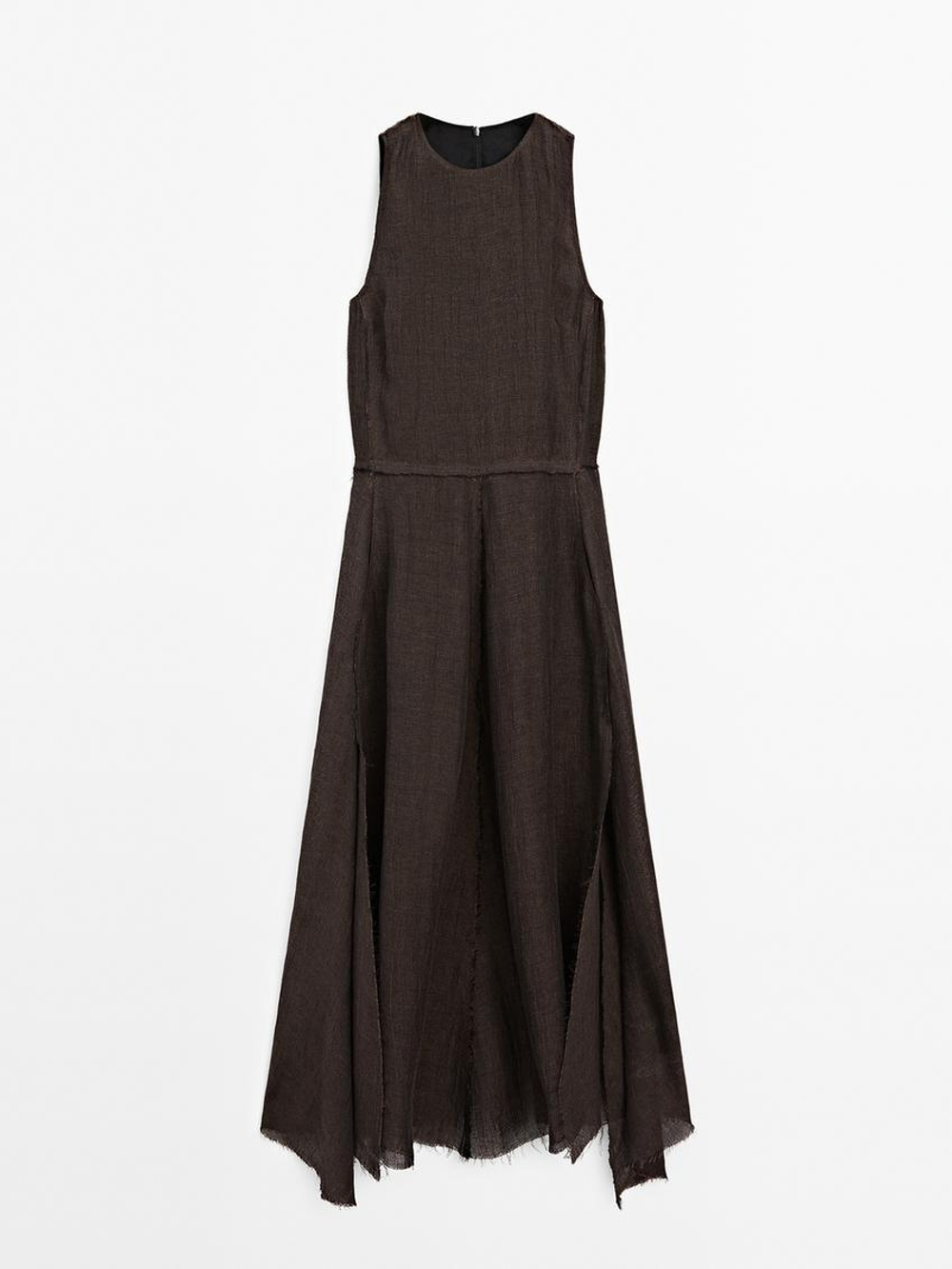 Massimo Dutti Платье миди из 100% льна с бахромой , шоколадно-коричневый