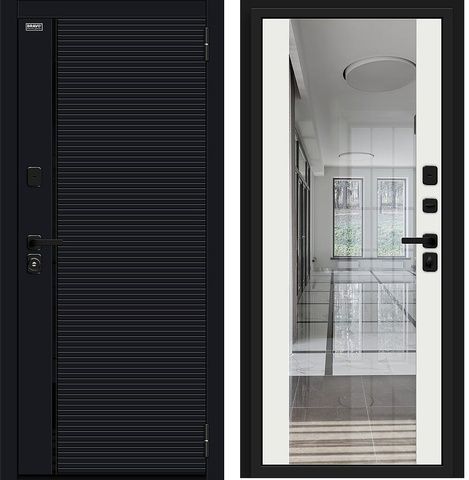 Входная металлическая дверь с зеркалом Лайнер 3 Total Black/Off-white