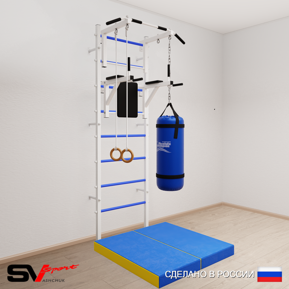 Шведская стенка Sv Sport усиленная 6717 (Турник стандарт/Брусья/Кольца/Цепь/Мешок 30кг/Мат 1м)