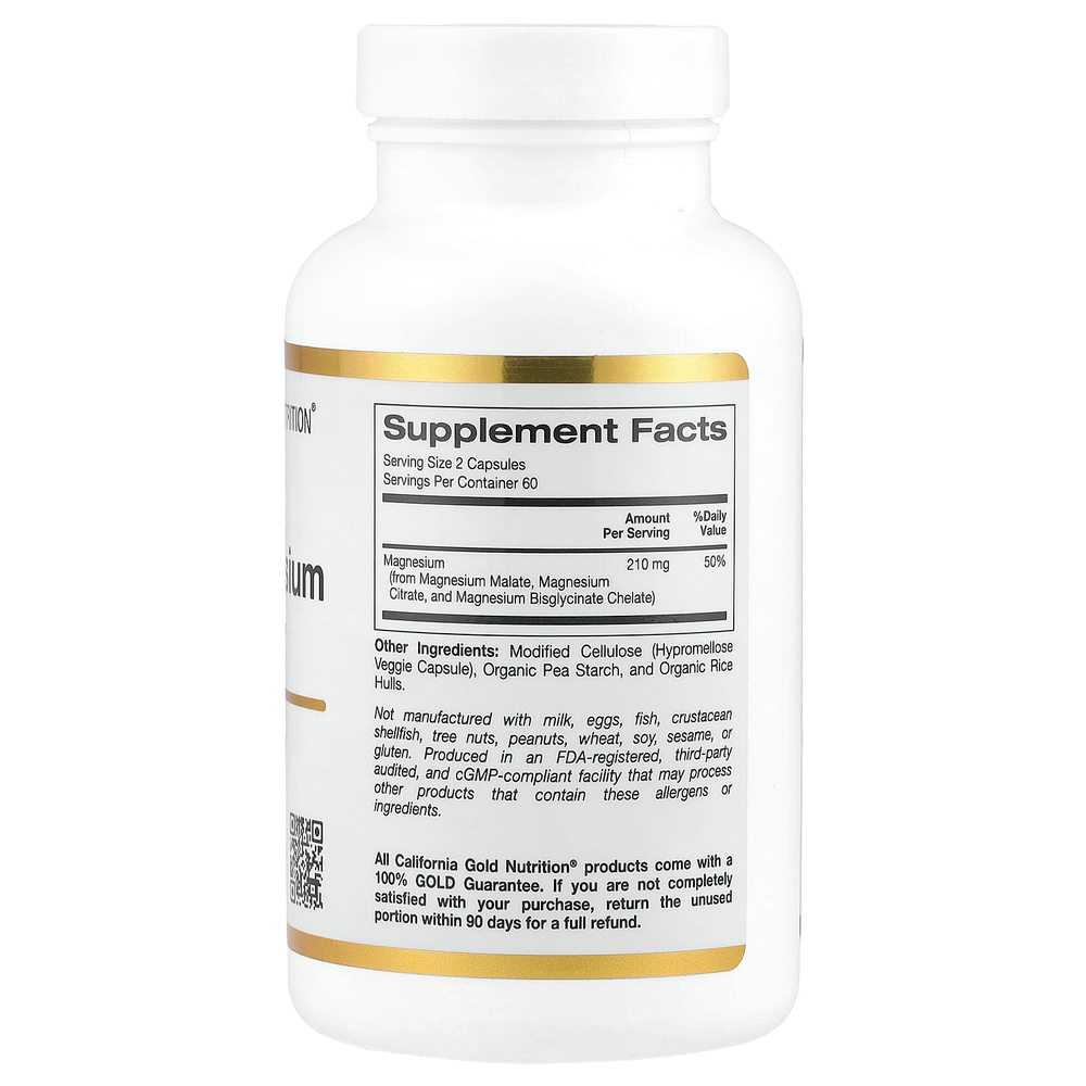 California Gold Nutrition, комплекс с тремя видами магния, малат, цитрат и хелатный бисглицинат, 120 растительных капсул (105 мг в 1 капсуле)