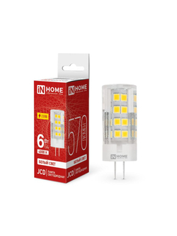 Лампа светодиодная LED-JCD 6Вт капсульная прозрачная 4000К нейтр. бел. G4 570лм 230В IN HOME 4690612036144