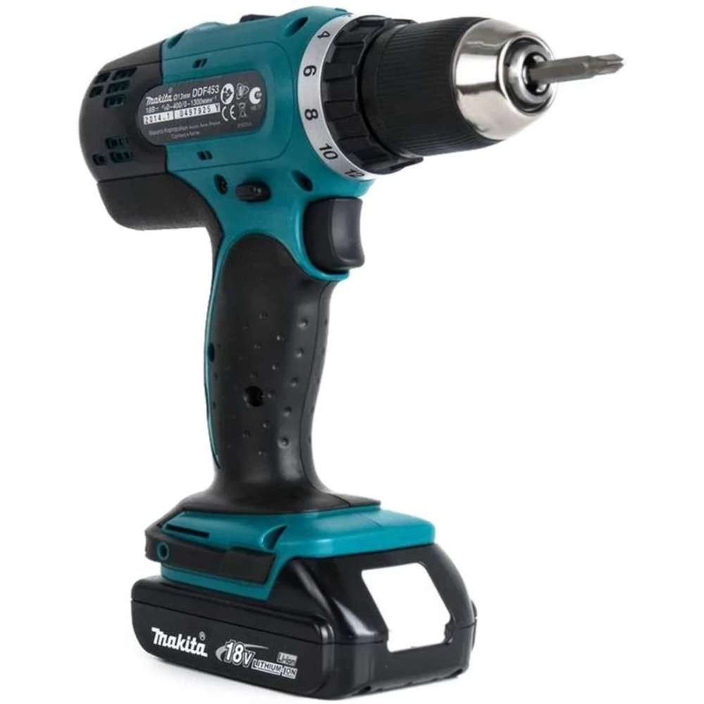 Makita DDF453SYE аккумуляторный шуруповерт (2 x 1.5 Ач, ЗУ) с набором сверл, очками и перчатками DDF453SYE/D-20769/PGW-180