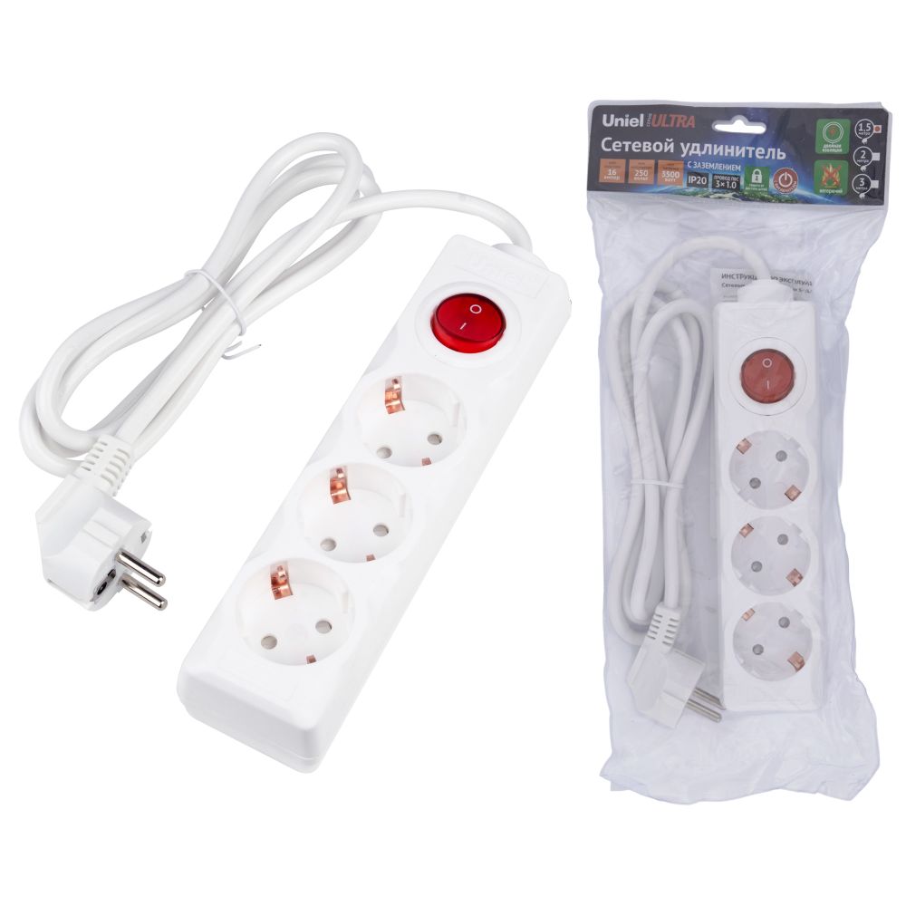 S-GCU3-1.5B WHITE Удлинитель серии Ultra. шнур 1.5м.. 3 гнезда. 16A. с-з. Белый. TM Uniel
