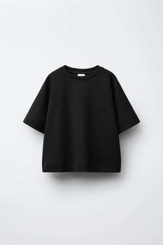 ZARA ОДНОТОННАЯ ФУТБОЛКА INTERLOCK, ЧЕРНЫЙ