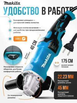 Makita Болгарка УШМ 125 с регулировкой оборотов электрическая/ Шлифмашина сетевая 1600W щеточная