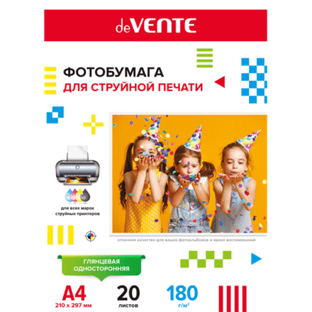 Фотобумага INK JET deVENTE A4 180г, 20л, глянцевая, односторонняя