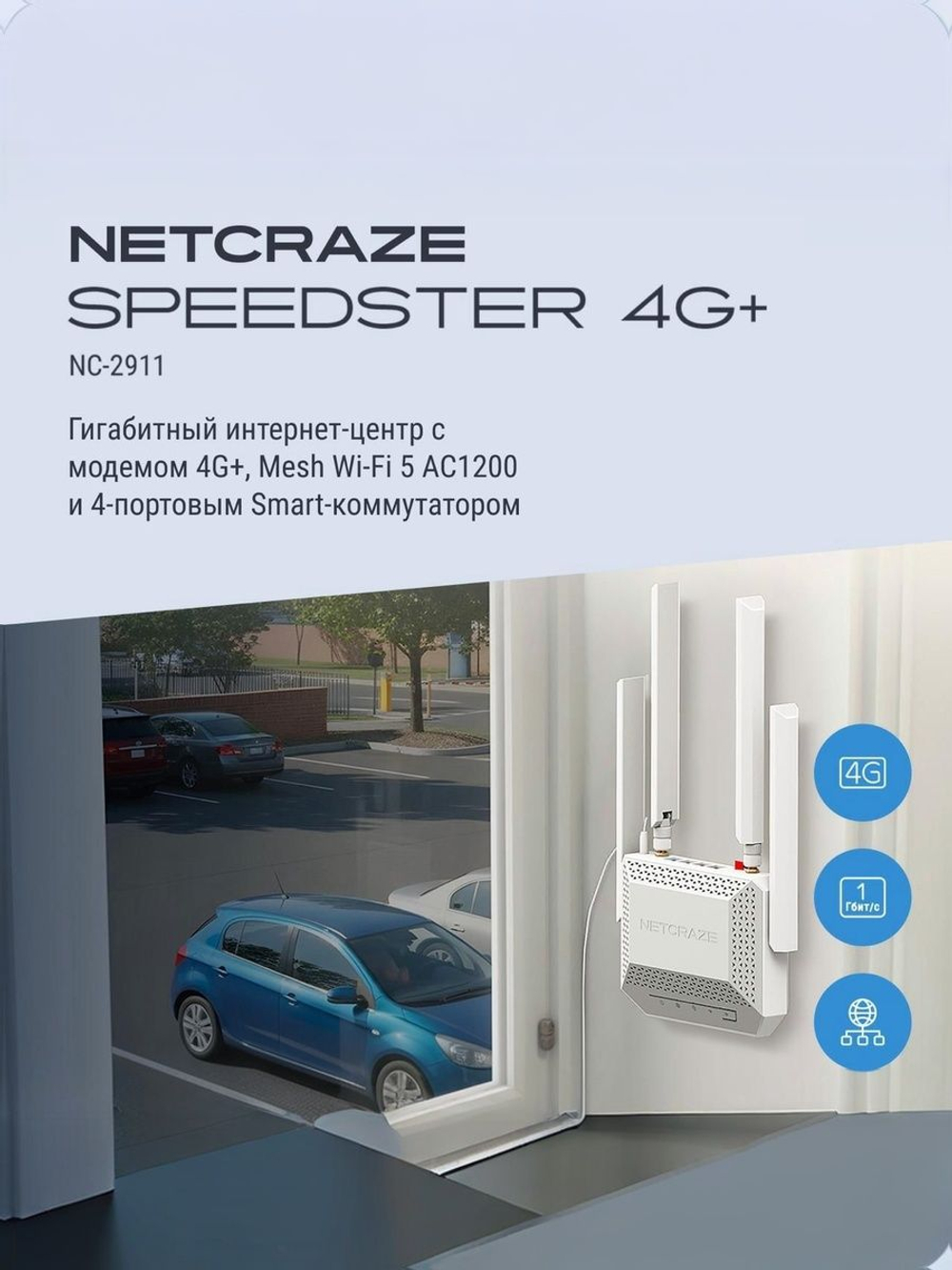 Гигабитный интернет-центр Netcraze Speedster 4G+ (NC-2911) с модемом 4G+, Mesh Wi-Fi 5 AC1200 и 4-портовым Smart-коммутатором