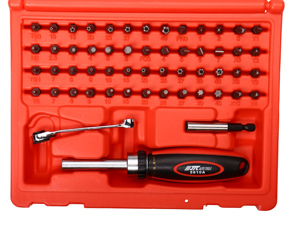 Набор бит c мини-трещоткой и отверткой с храповым механизмом 55 предметов в кейсе JTC