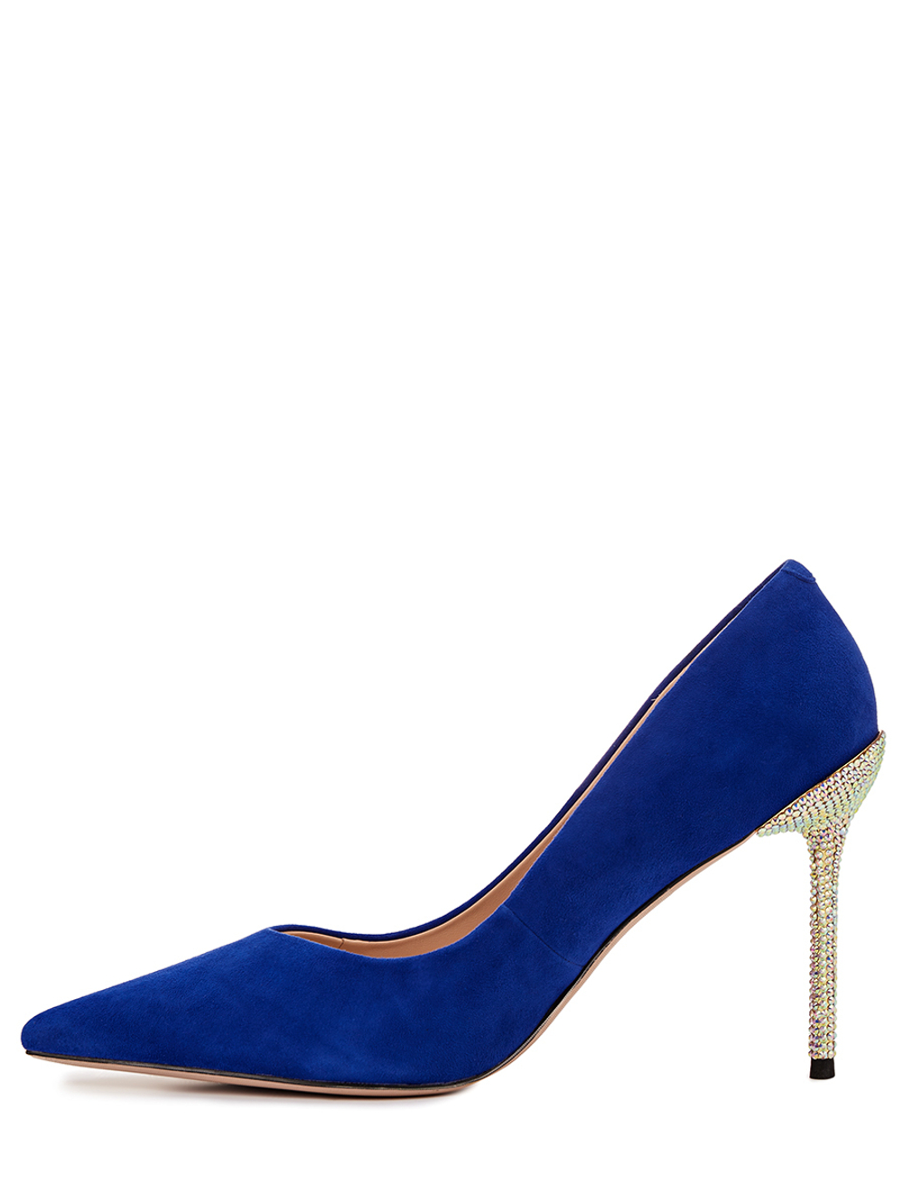 Женские замшевые синие туфли на каблуке со стразами
