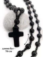 Длинные бусы на шею с крестом из черного агата (имитация)