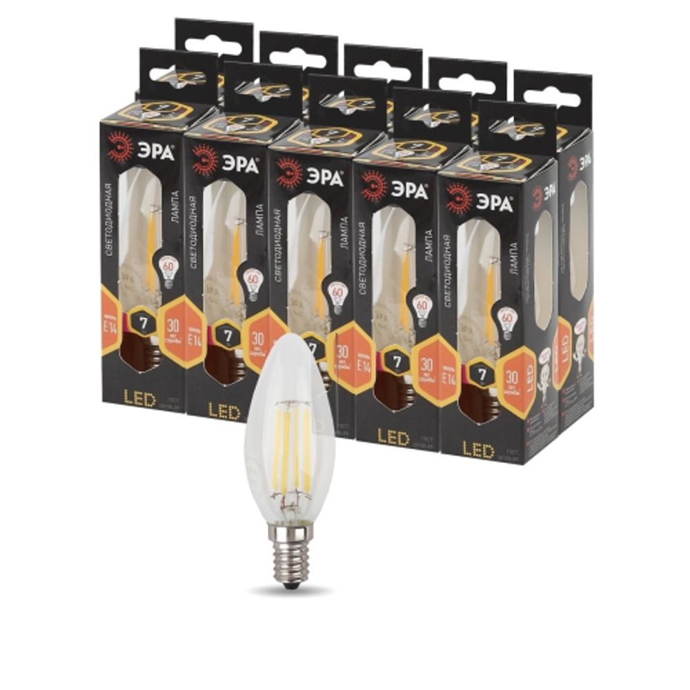 Лампочка светодиодная ЭРА F-LED B35-7W-827-E14 Е14 / Е14 7Вт филамент свеча теплый белый свет | Филаментные декоративные