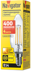 Лампа светодиодная Navigator C35F 220V Е14 4W 2700K Filament свеча 23148