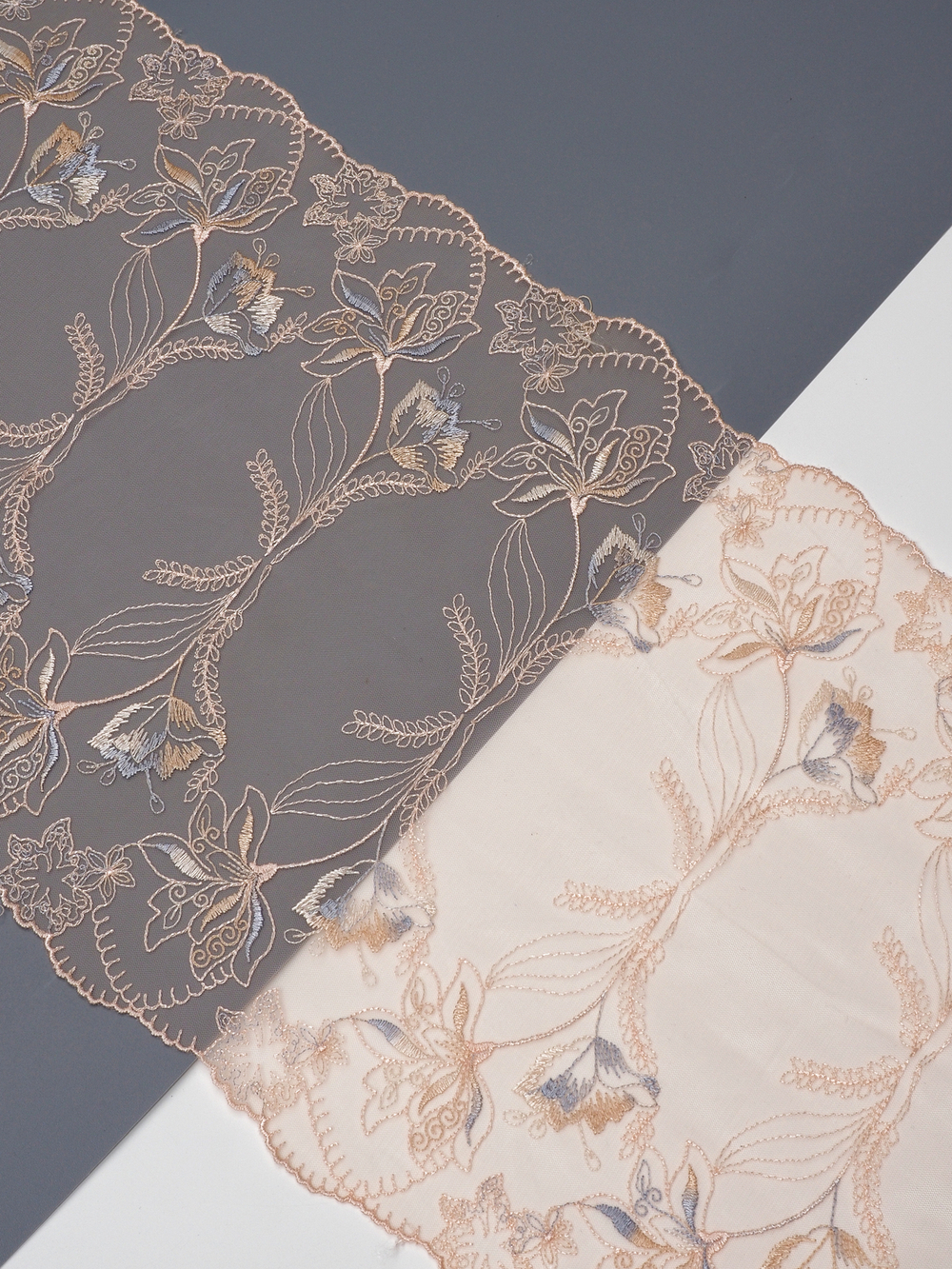 Кружево вышивка на сетке пион с голубым и охрой неэластичная ширина 25 см