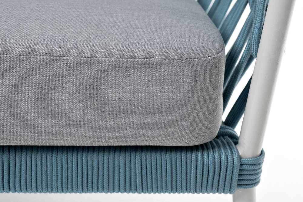 "Диего" диван 2-местный плетеный из роупа, каркас алюминий светло-серый (RAL7035) муар, роуп бирюзовый круглый, ткань светло-серая