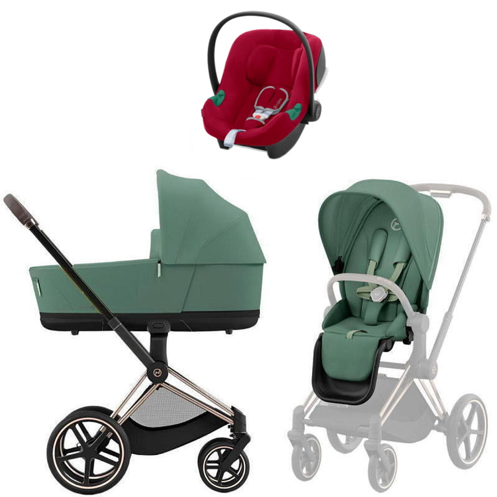 Коляска Cybex Priam IV Rosegold complete Aton B2 Dynamic Red Base One 4 в 1 Leaf Green