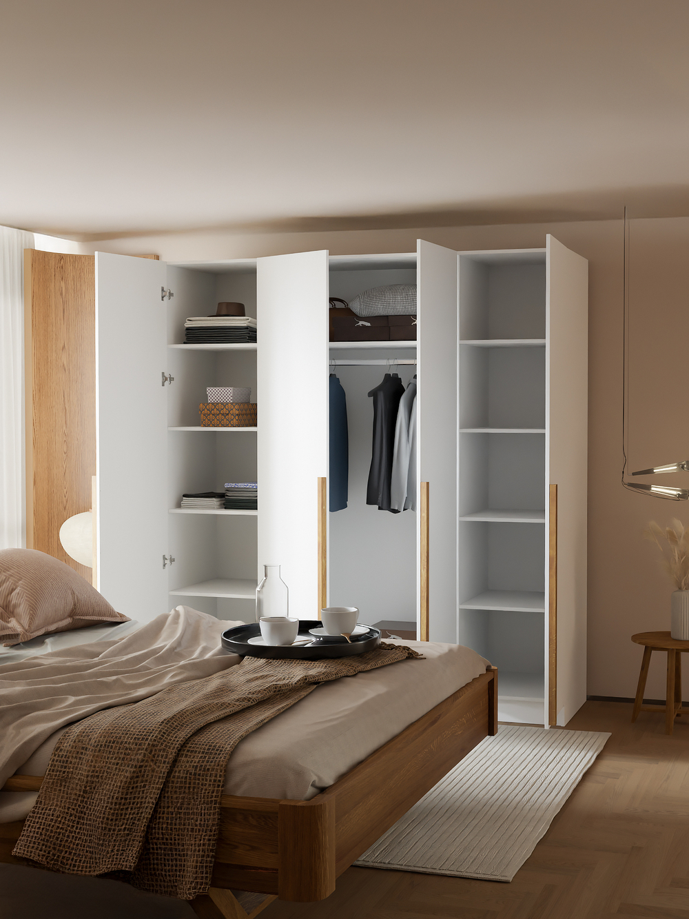 Шкаф распашной четырехдверный Джамбо+ с дубовыми ручками, белый, 215х200х58