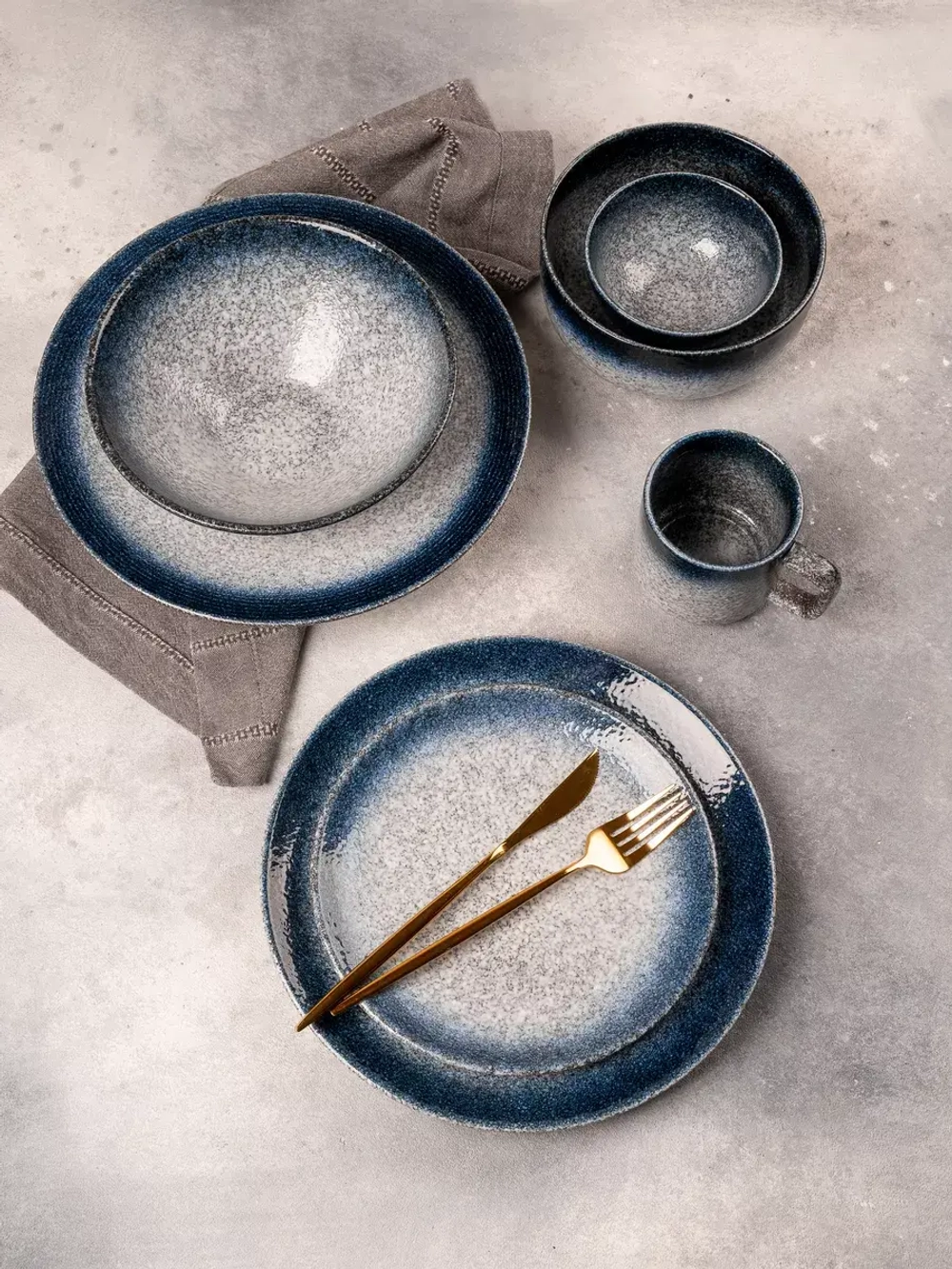 Набор посуды 2 тарелки 11,5 см пиала глубокая синяя фарфор