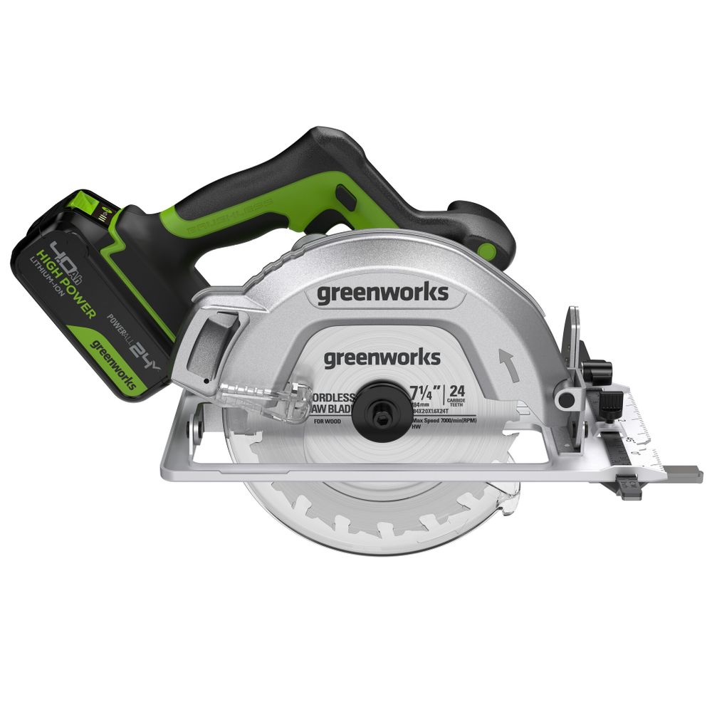 Дисковая пила акк. Greenworks GD24CS, 24V,б/щет,185х20мм, 4500 об/мин, рез 63мм,1х4Ач,ЗУ,кор (1500907CUB)