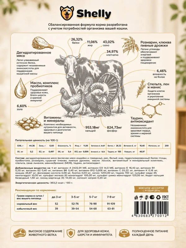 Сухой корм Shelly для взрослых кошек мясное ассорти с ягодами