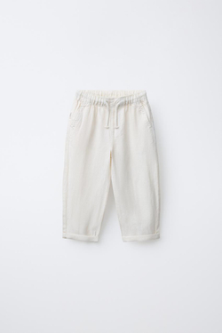 ZARA БРЮКИ СТРУЯЩЕГОСЯ КРОЯ ИЗ СМЕСОВОГО ЛЬНА, ЭКРЮ