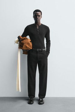 ZARA БРЮКИ STRAIGHT FIT ИЗ РЕЛЬЕФНОЙ ТКАНИ, ЧЕРНЫЙ