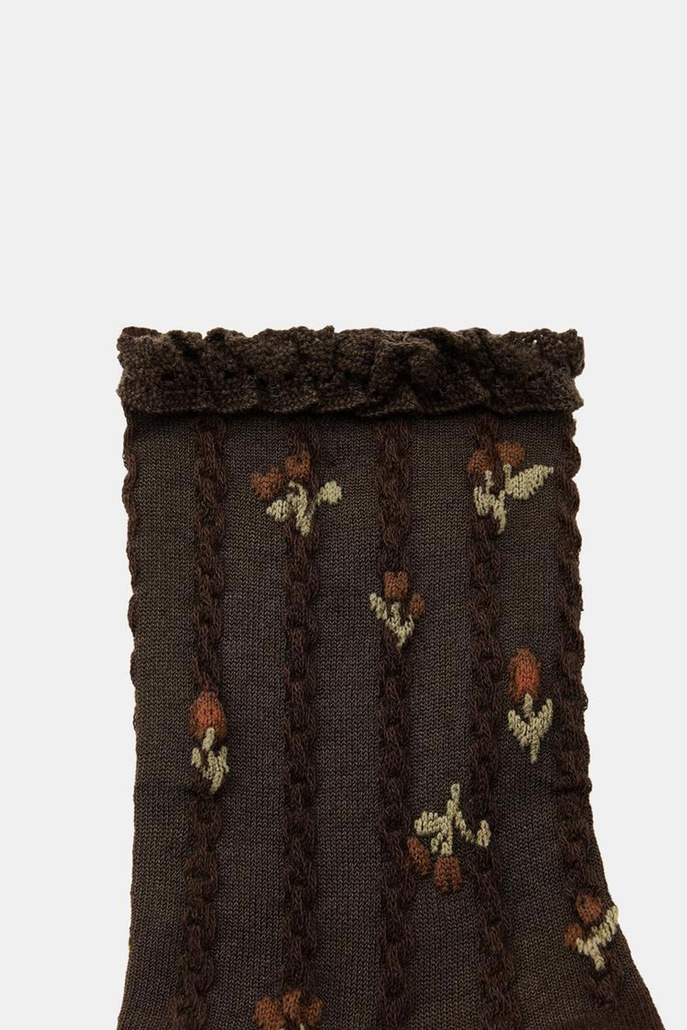 ZARA НОСКИ С ЦВЕТОЧНЫМ ПРИНТОМ И КРУЖЕВОМ, КОРИЧНЕВЫЙ