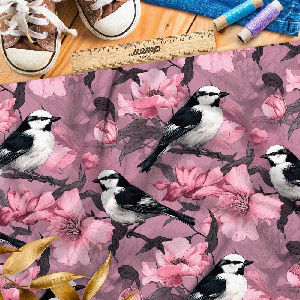 Ткань премиум интерлок выразительные птицы