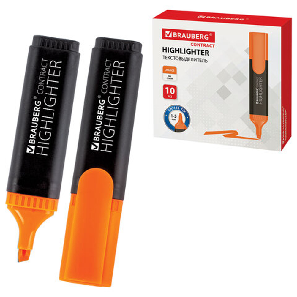 Текстовыделитель BRAUBERG "Contract", ОРАНЖЕВЫЙ, линия 1-5 мм, 150393